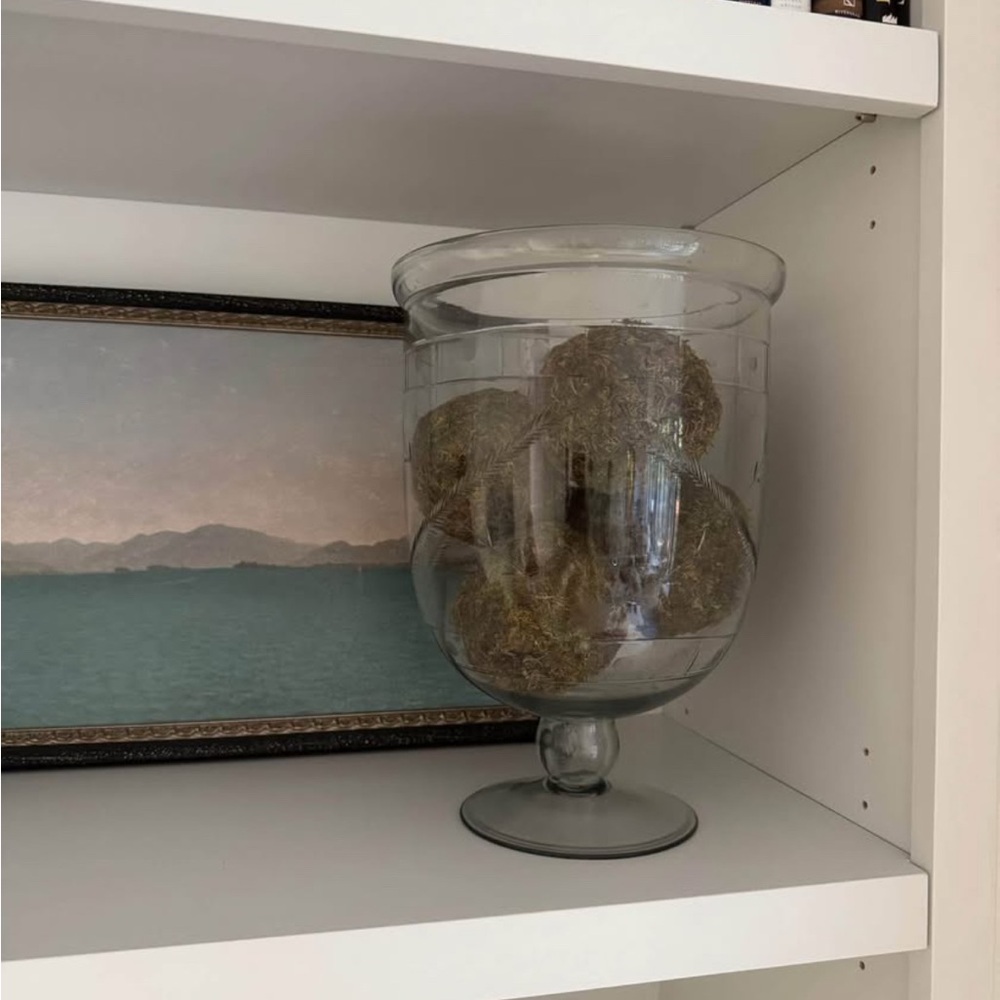 Restoration Hardware Large Glass Hurricane Vase &  Moss Balls